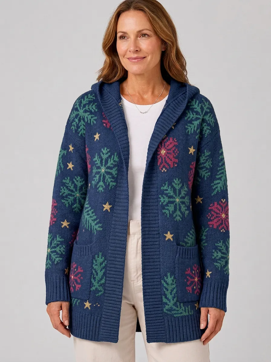 Christmas Snowflake Star Pattern Print Hooded Cardigan