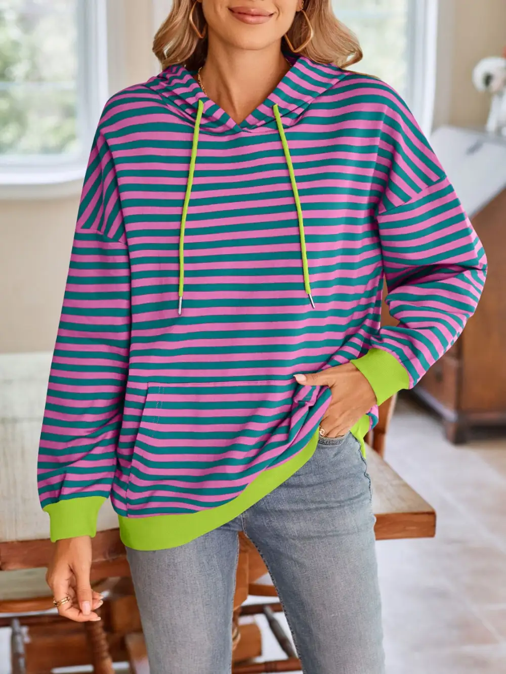 Drawstring Long-Sleeve Striped Hoodie