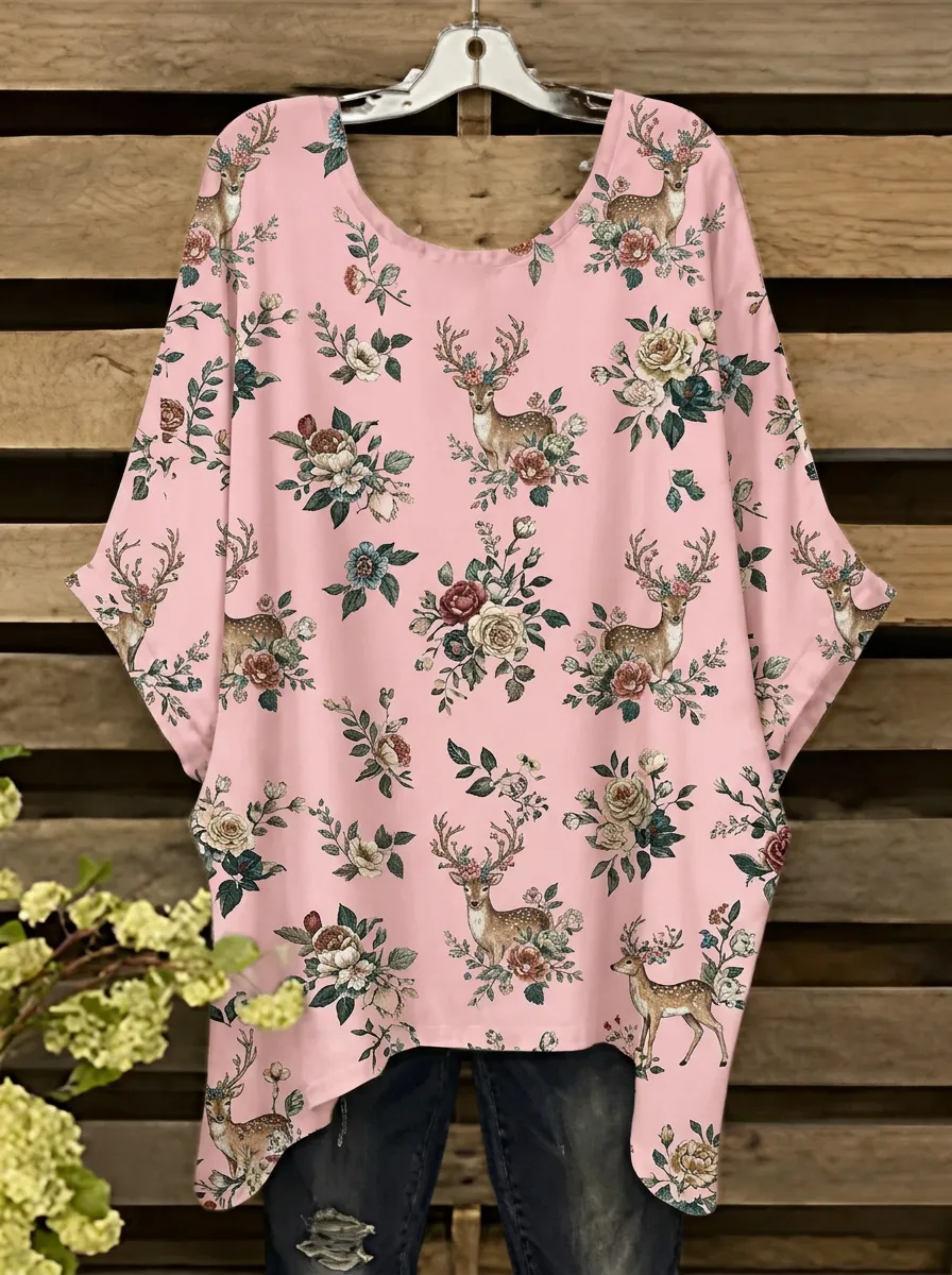 Deer Nature Women's Loose Printed T-Shirt