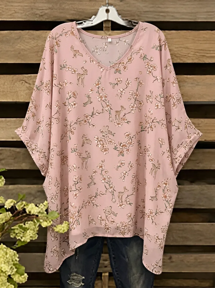 Cherry Blossom Deer Floral Women's Loose Printed Blouse