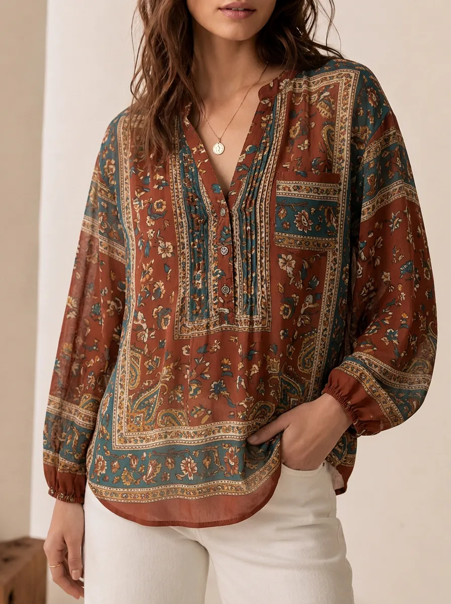 Women's Boho Floral Paisley Printed V-Neck Blouse