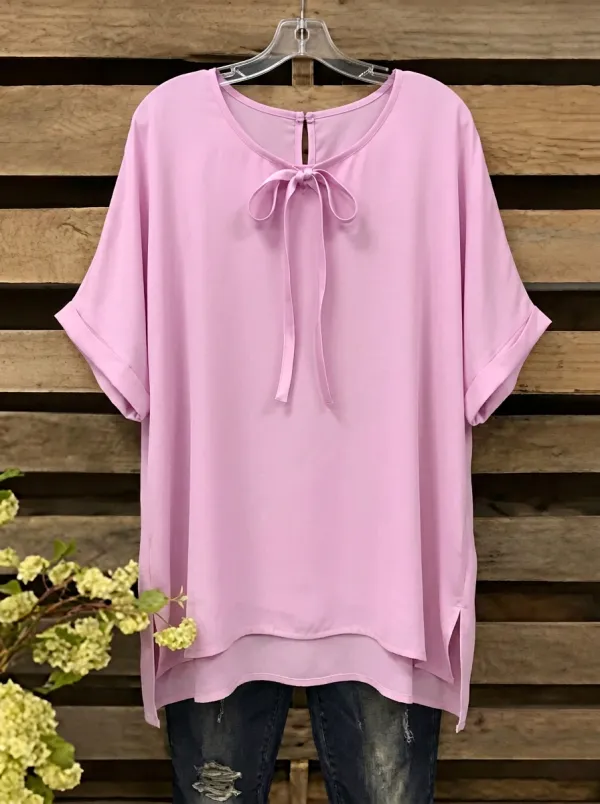Women's Round Neck Tie-neck Side-slit Blouse