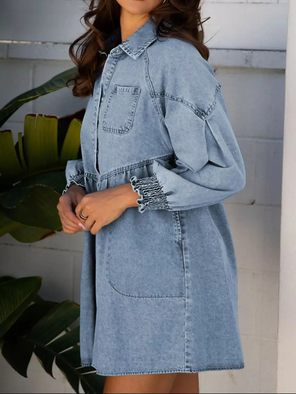 Wearable Cut Denim Smocked Flared Mini Dress