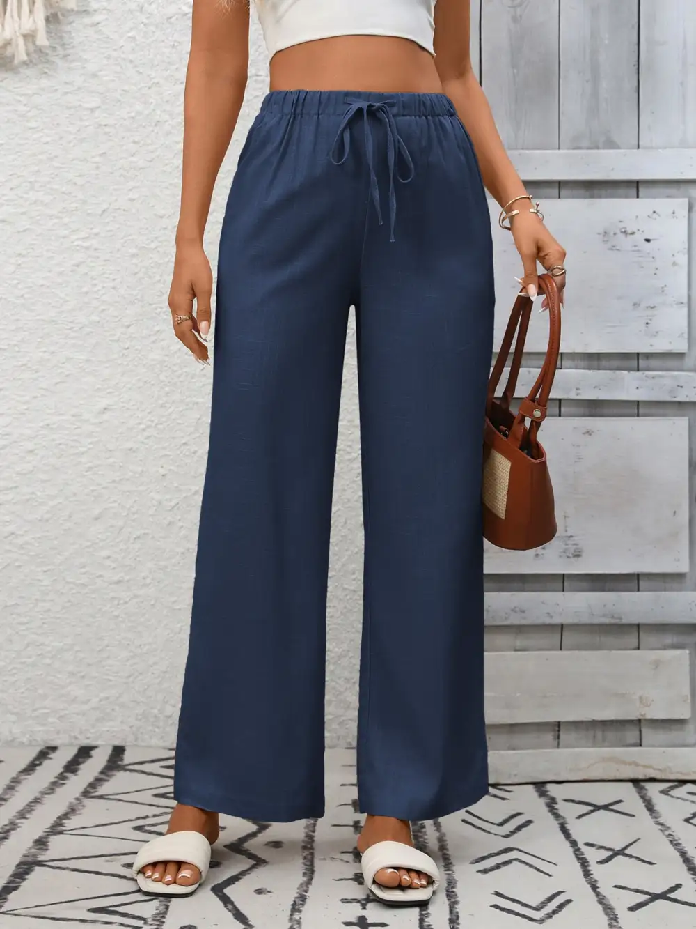 Drawstring High Waist Wide Leg Pants