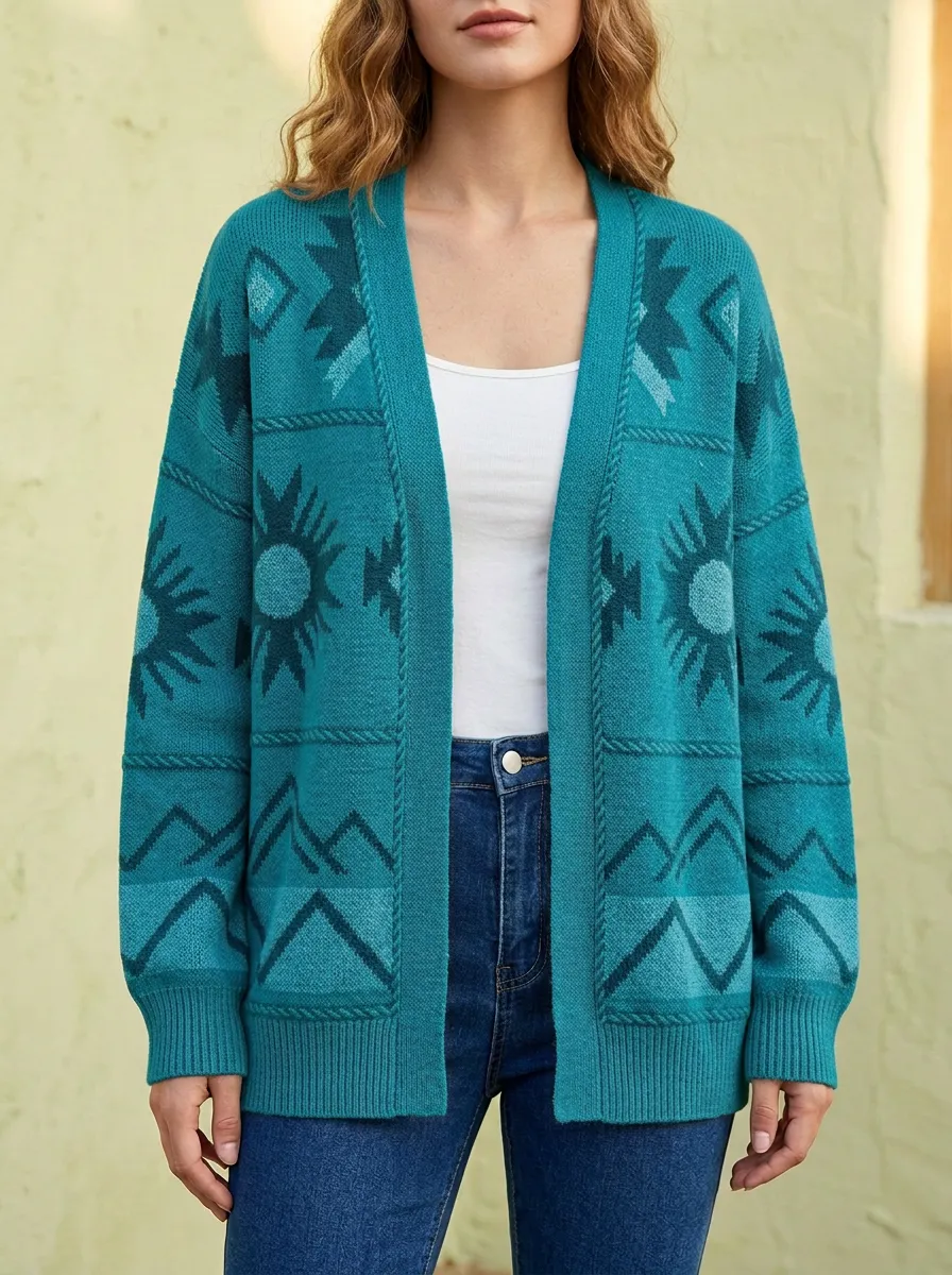 Women's Western Boho Sun Mountain Pattern Knitted Cardigan