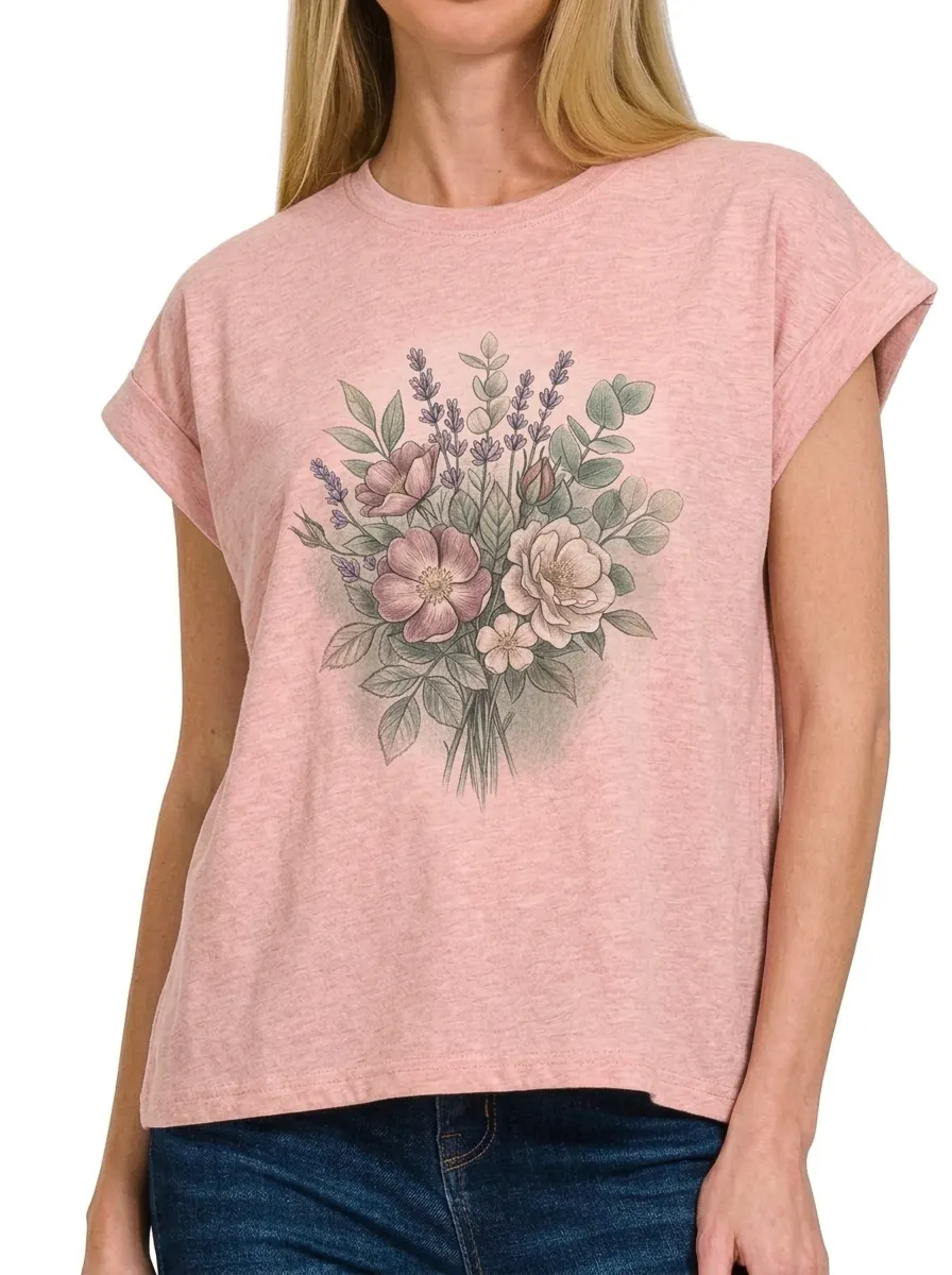 Women's Botanical Floral Bouquet Printed T-shirt