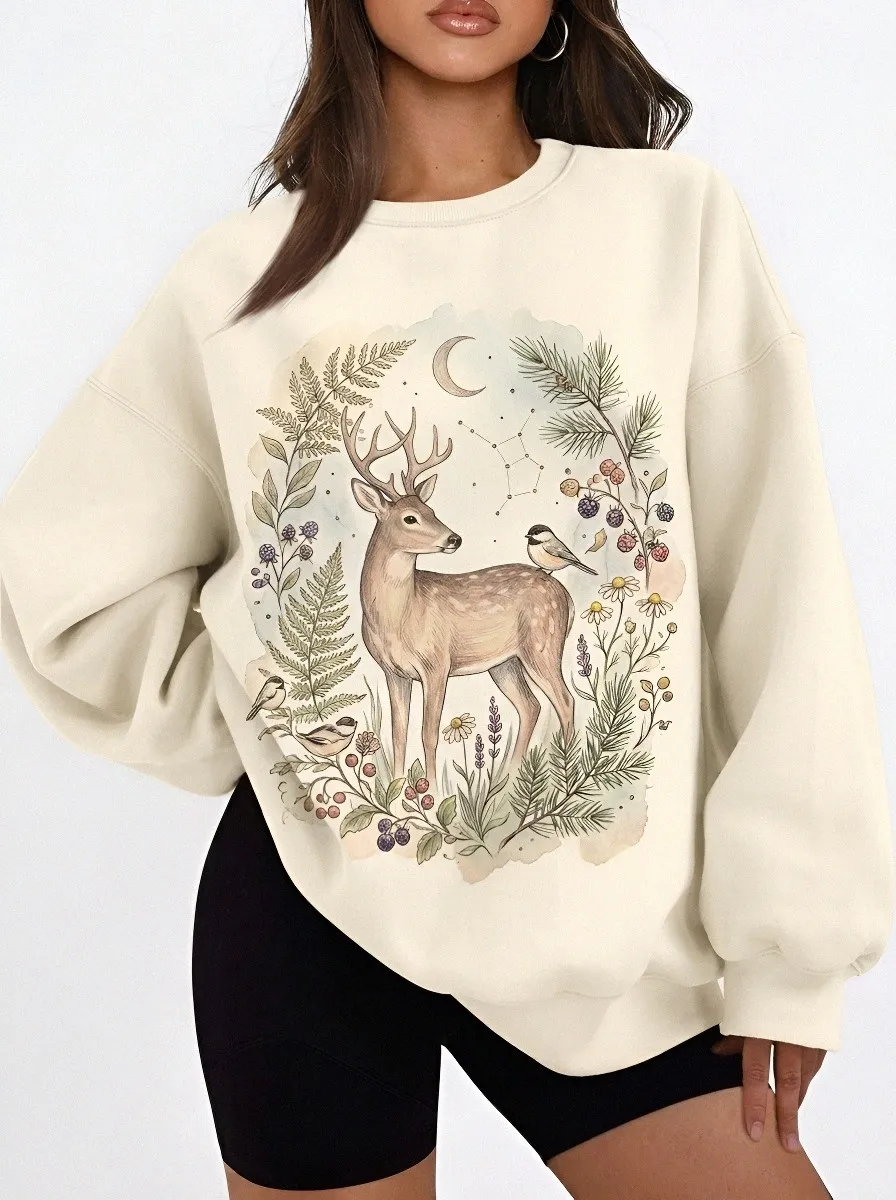 Women's Nature Lover Forest Deer Floral Printed Sweatshirt