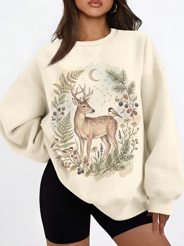 Women's Nature Lover Forest Deer Floral Printed Sweatshirt