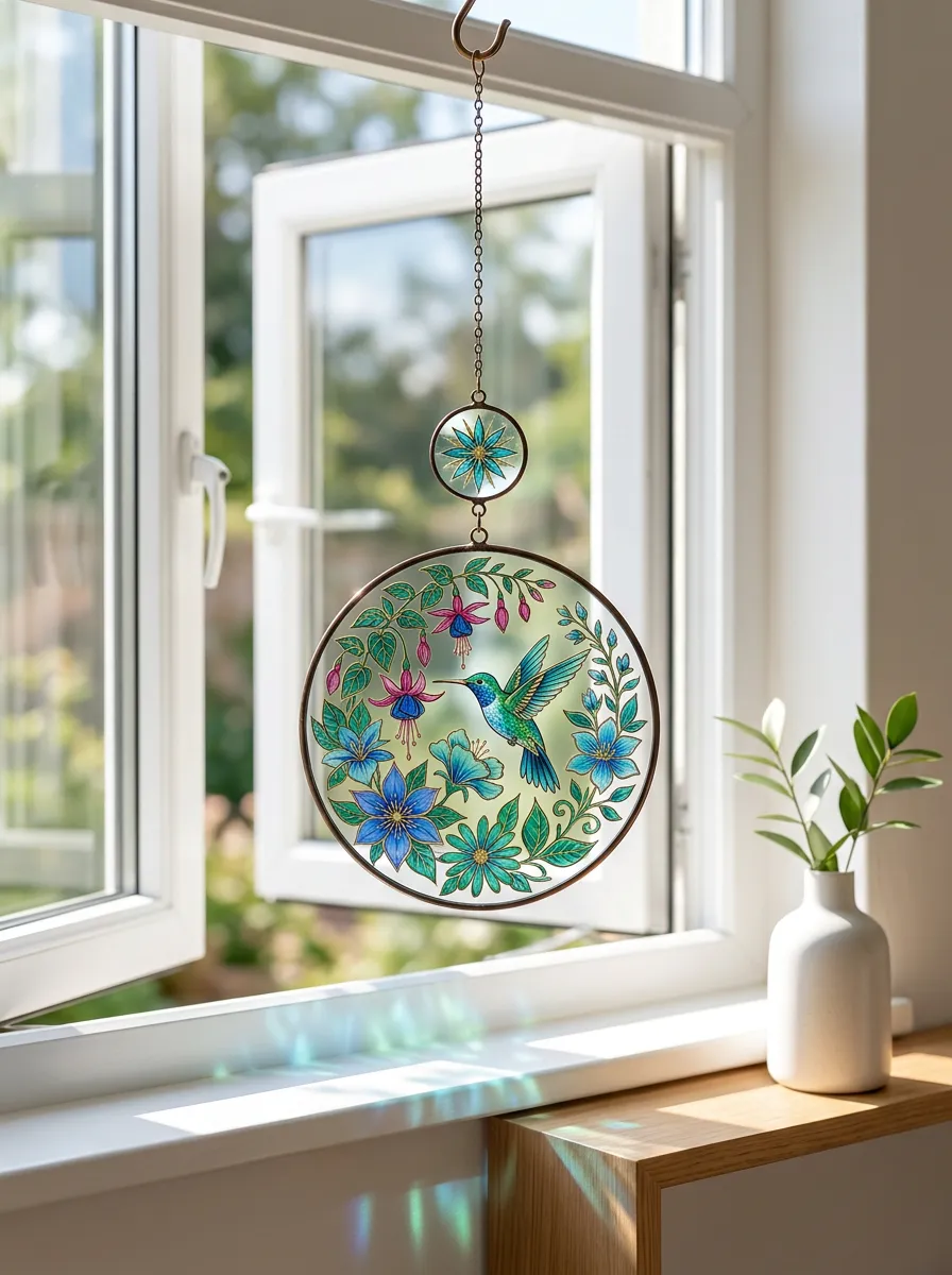 Hummingbird Floral Stained Glass Printed Suncatcher