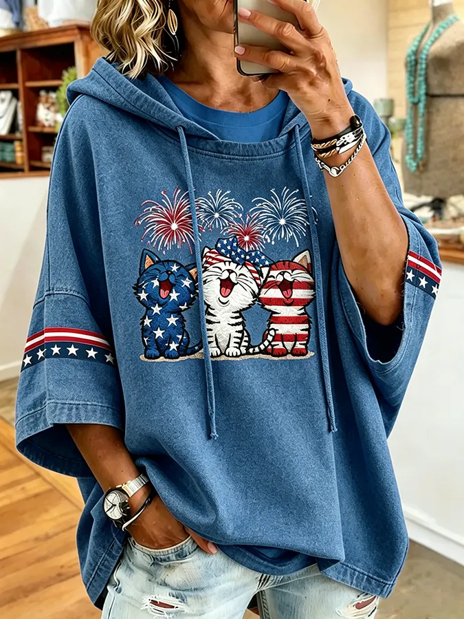 Women's Flag and Cat Printed Hoodie
