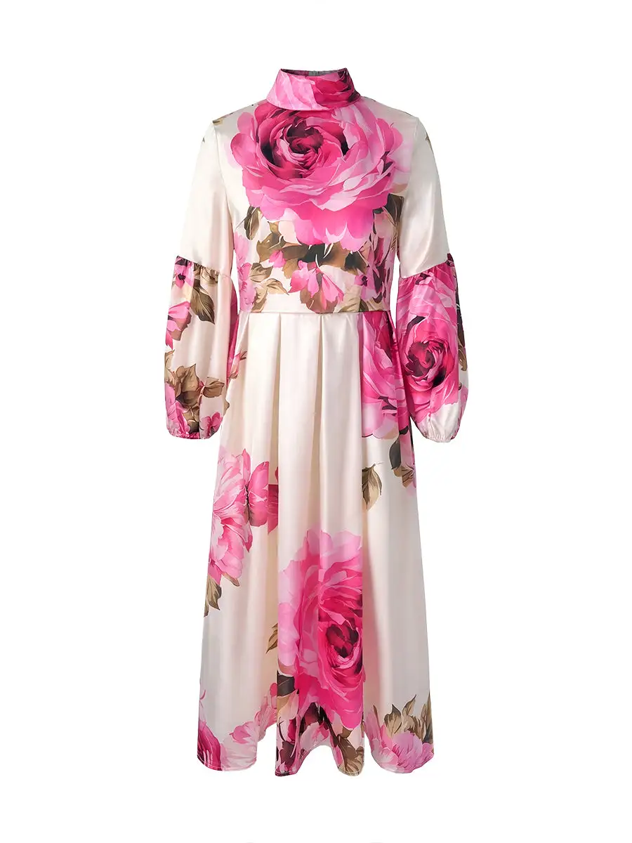 Elasticity Pleated Long Neck Maxi Dress