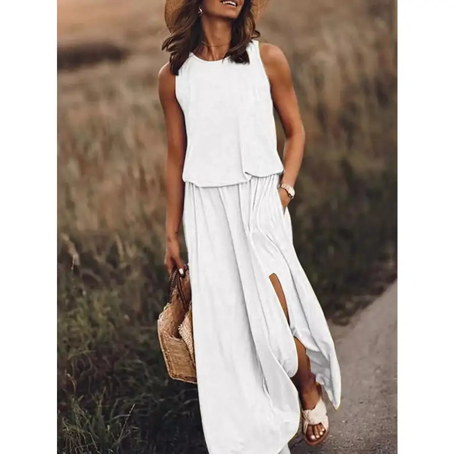 Full Size Round Neck Sleeveless Slit Maxi Dress Plus Size