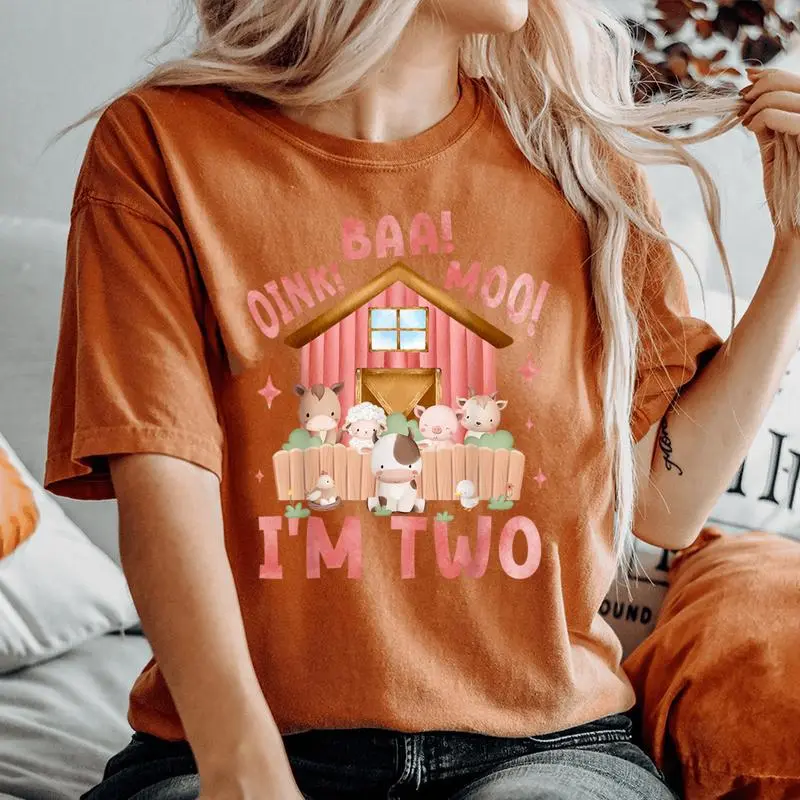 Oink Baa Moo I'm 2 Farm Theme Birthday 2 Yrs Old Girl Women's Oversized Comfort T-Shirt