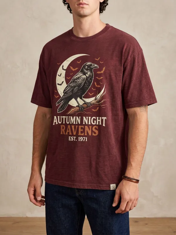Men's Halloween Raven Moon Bats Printed T-shirt