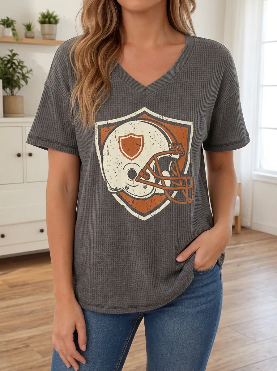 Women's Football Lover Helmet Shield Printed Waffle Top