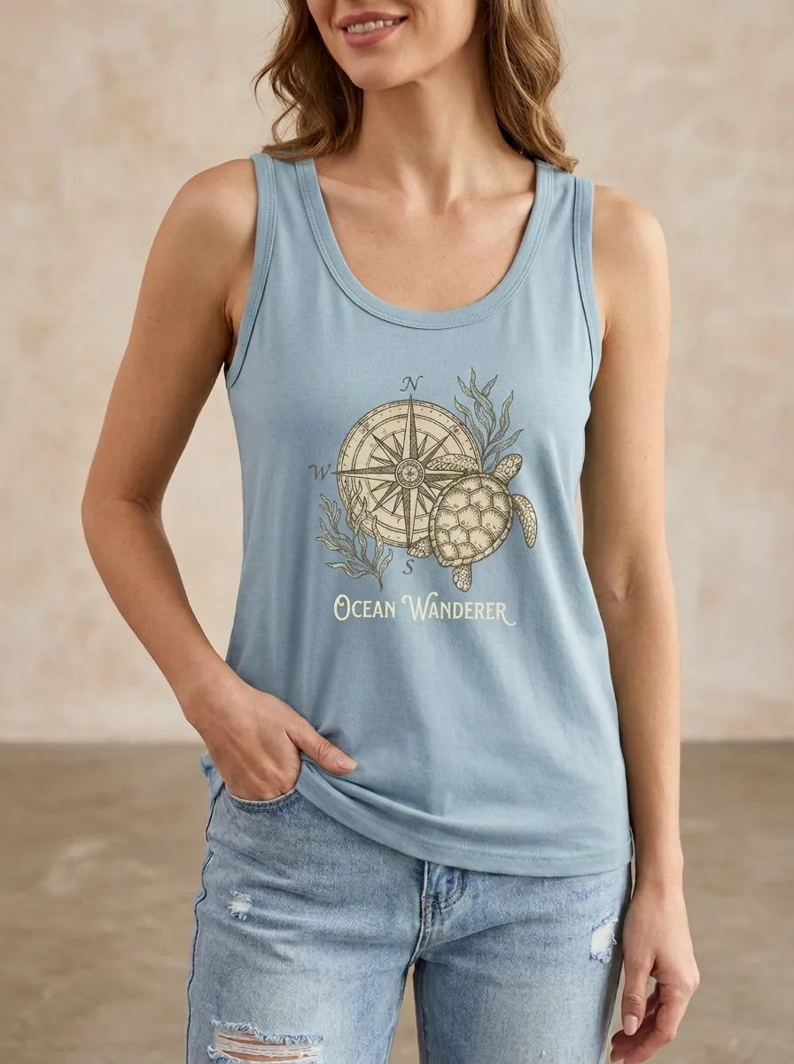 Women's Ocean Wanderer Sea Turtle Compass Printed Tank Top