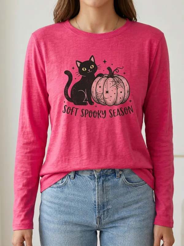 Moonlit Pumpkin Cat Halloween Cotton Linen Long Sleeve Top