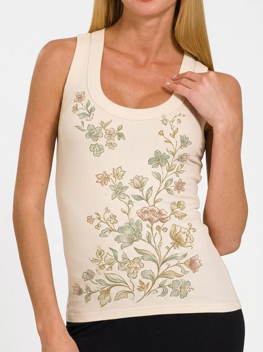 Women's Vintage Floral Botanical Printed Ribbed Tank Top