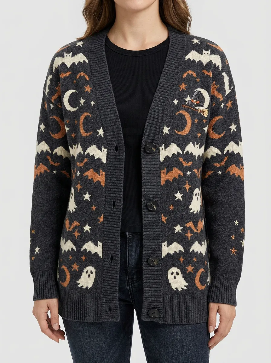 Women's Halloween Ghost Bat Moon Pattern Printed Cardigan