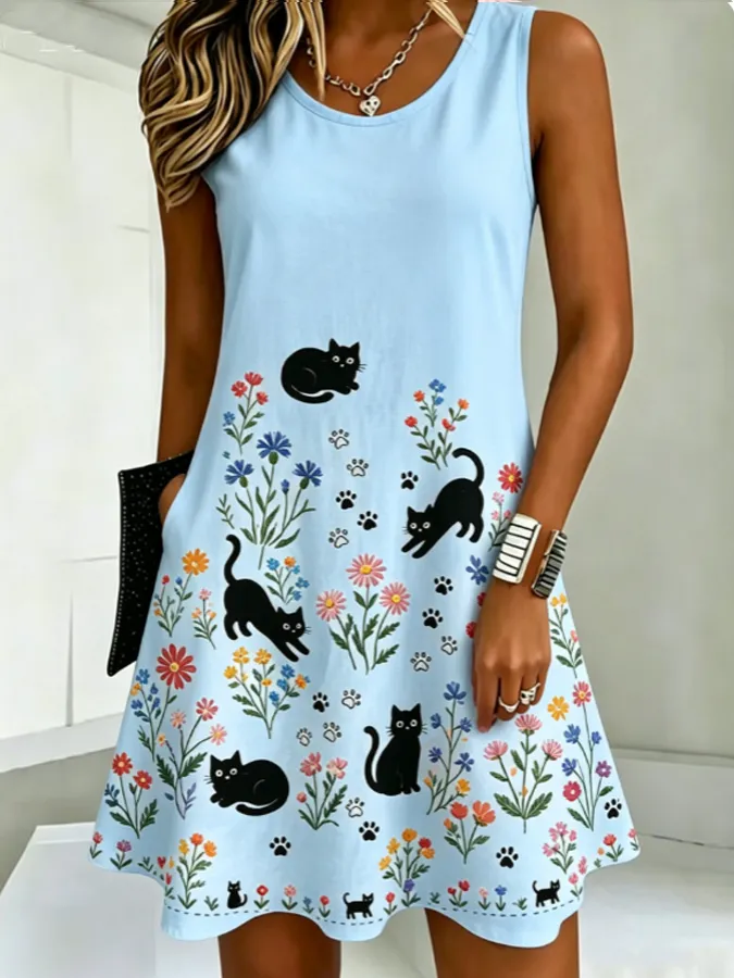 Women'S Cotton Linen Flower And Cat Print Dress