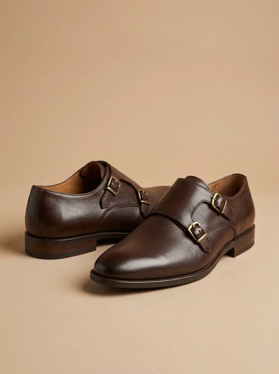 Men's Casual Business Formal Textured Double Monk Strap Leather Shoes