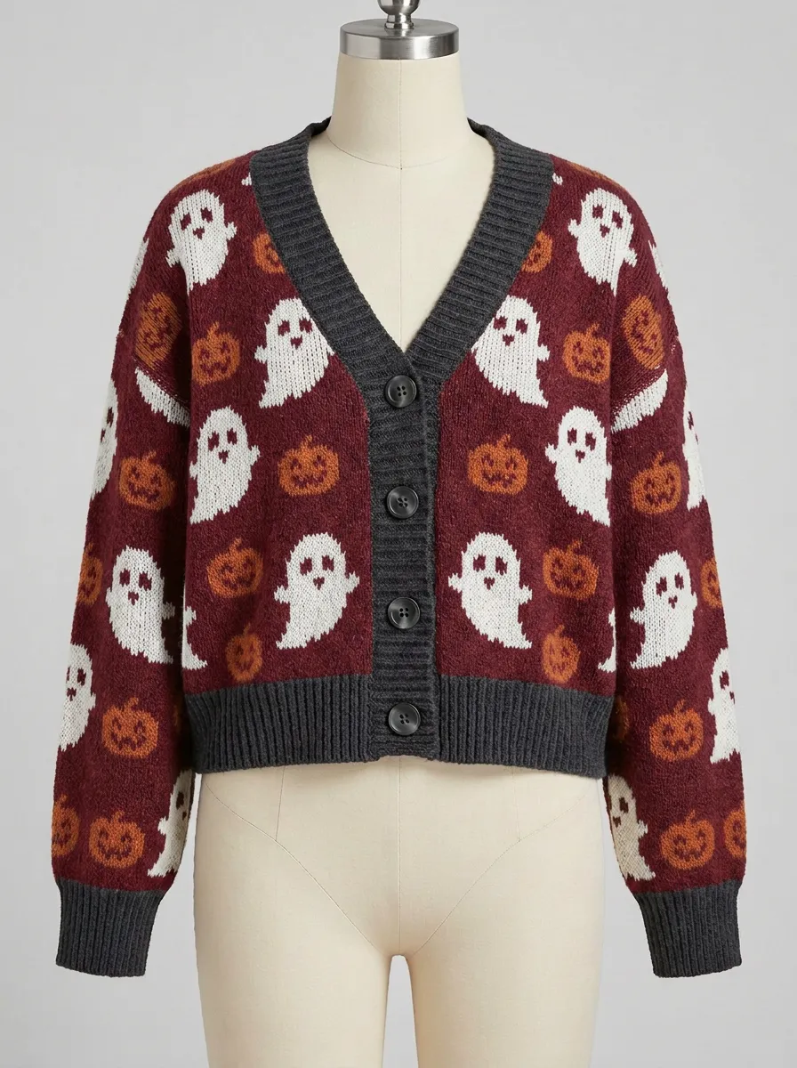 Women's Ghost Pumpkin Halloween Knit Cardigan