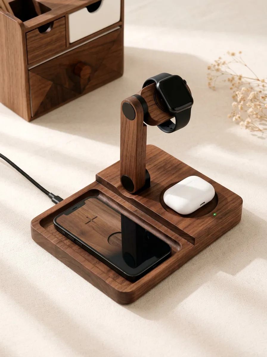 Walnut Wood 3-in-1 Wireless Charging Station