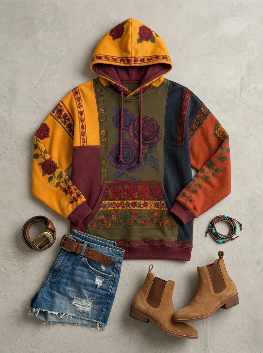Women's Western Boho Rose Floral Patchwork Printed Hoodie