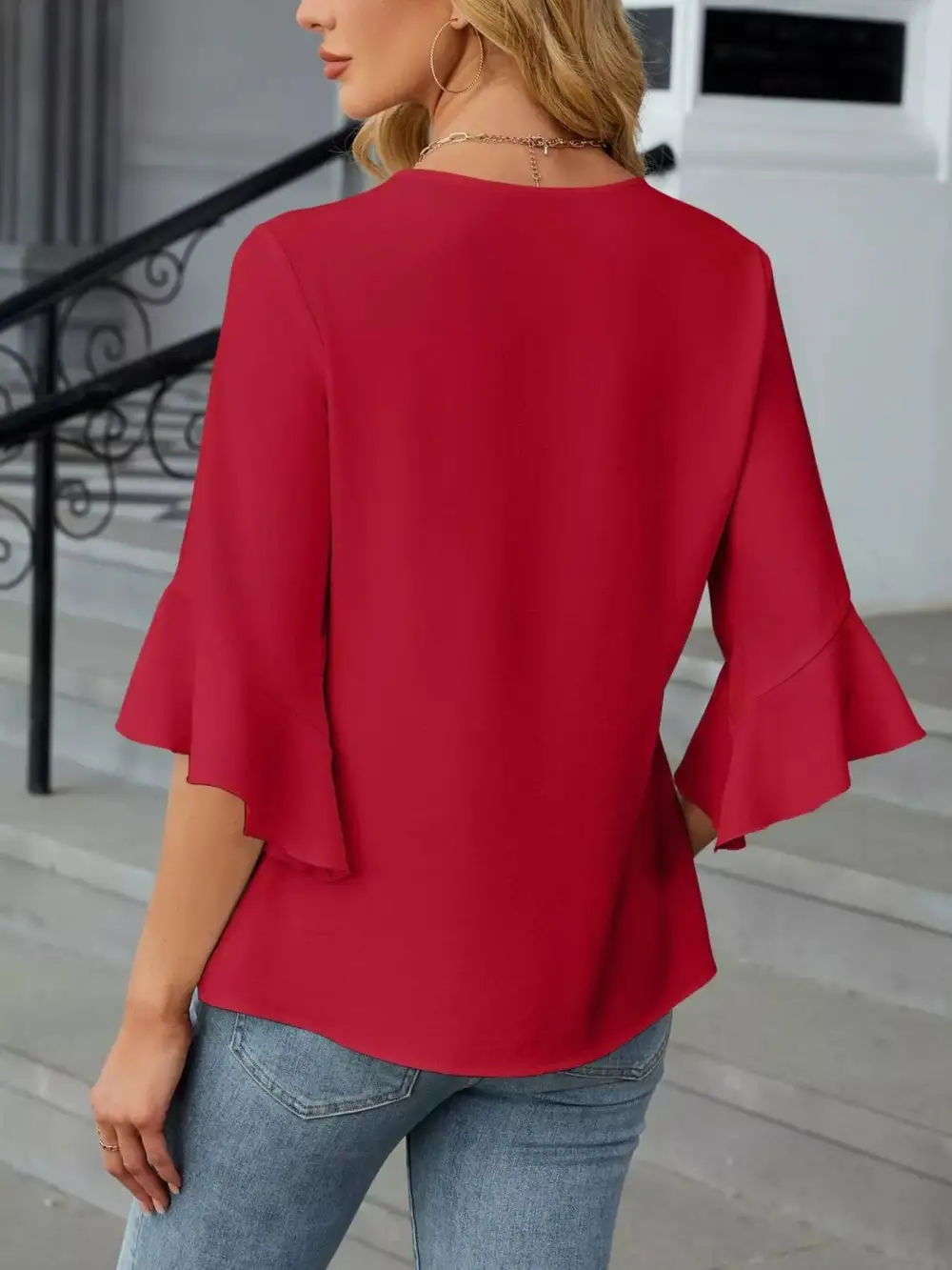 V Neck Ruffle Sleeve Blouse