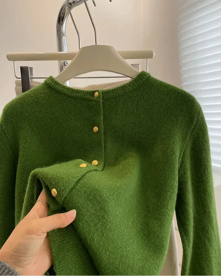 Classic Wool Button-Front Round-Neck Cardigan