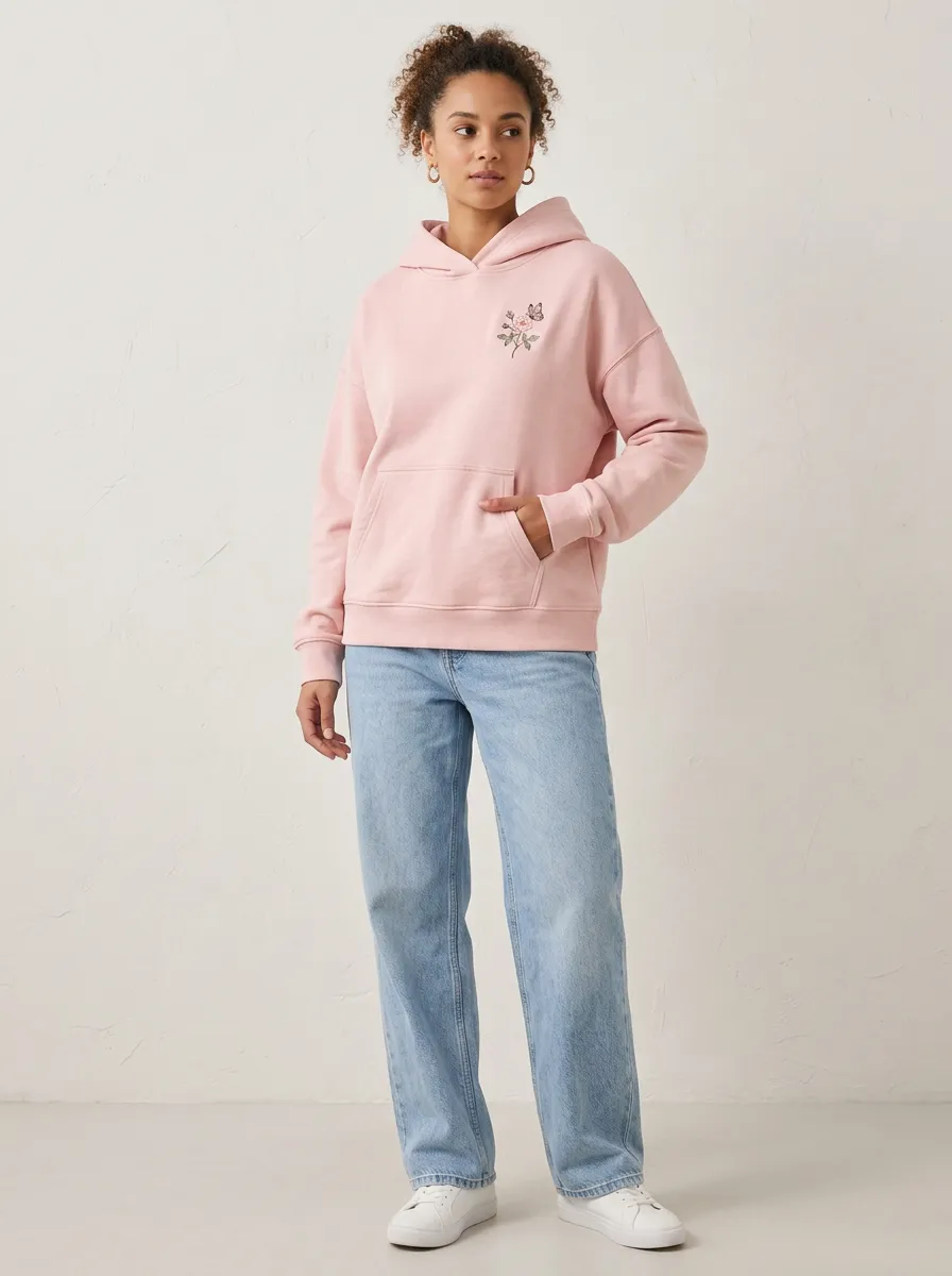 Women's Aesthetic Floral Butterfly Pink Rose Printed Hoodie