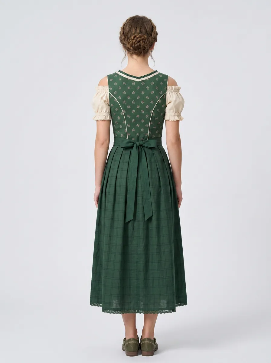 Floral Embroidered Square Neck Plaid Traditional Women's Bavarian Oktoberfest Dirndl Dress