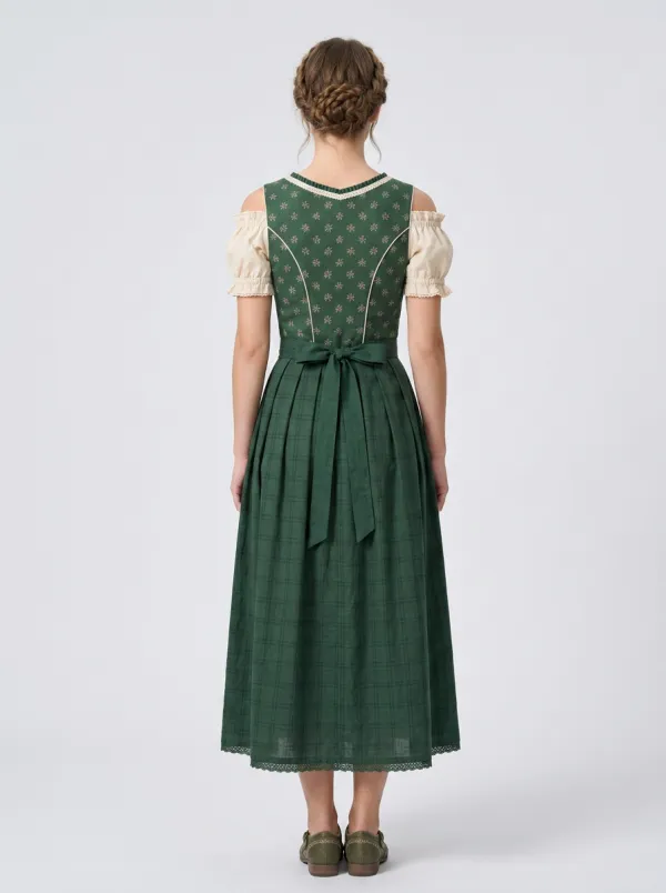 Floral Embroidered Square Neck Plaid Traditional Women's Bavarian Oktoberfest Dirndl Dress