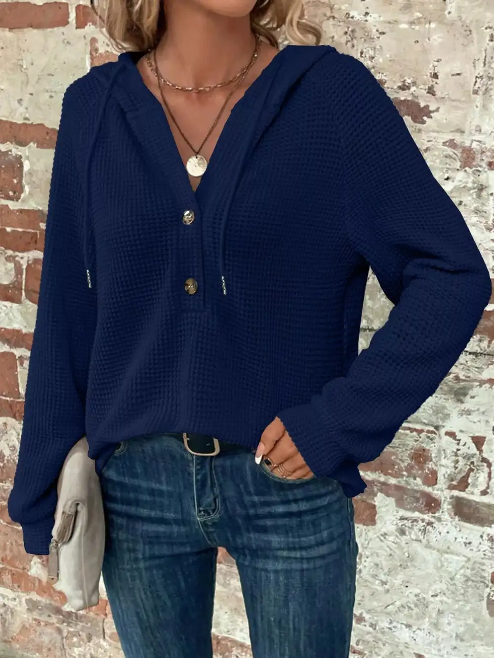 Drawstring Buttoned Pocketed Waffle-Textured Hoodie