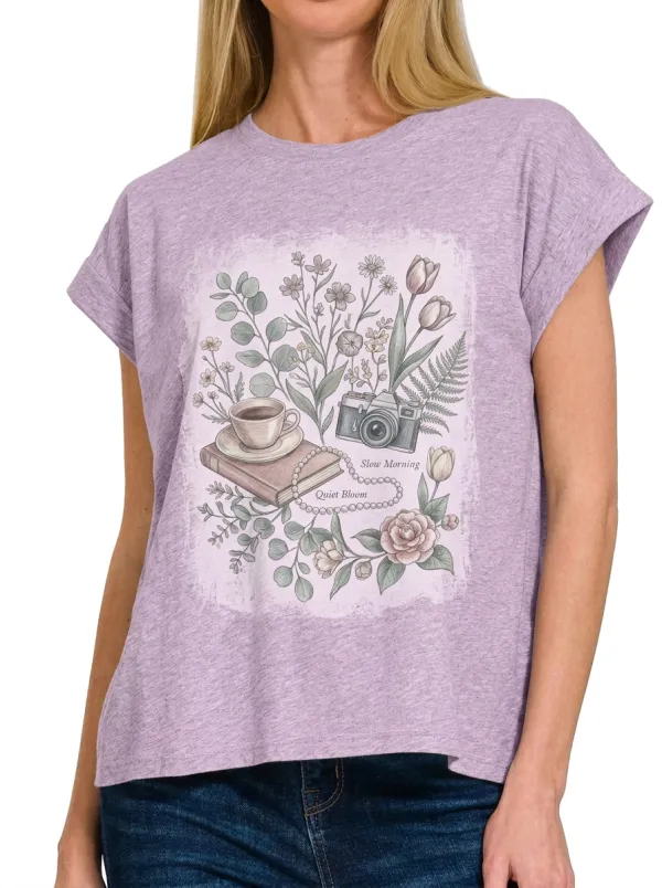Women's Coffee Book Camera Floral Printed T-shirt