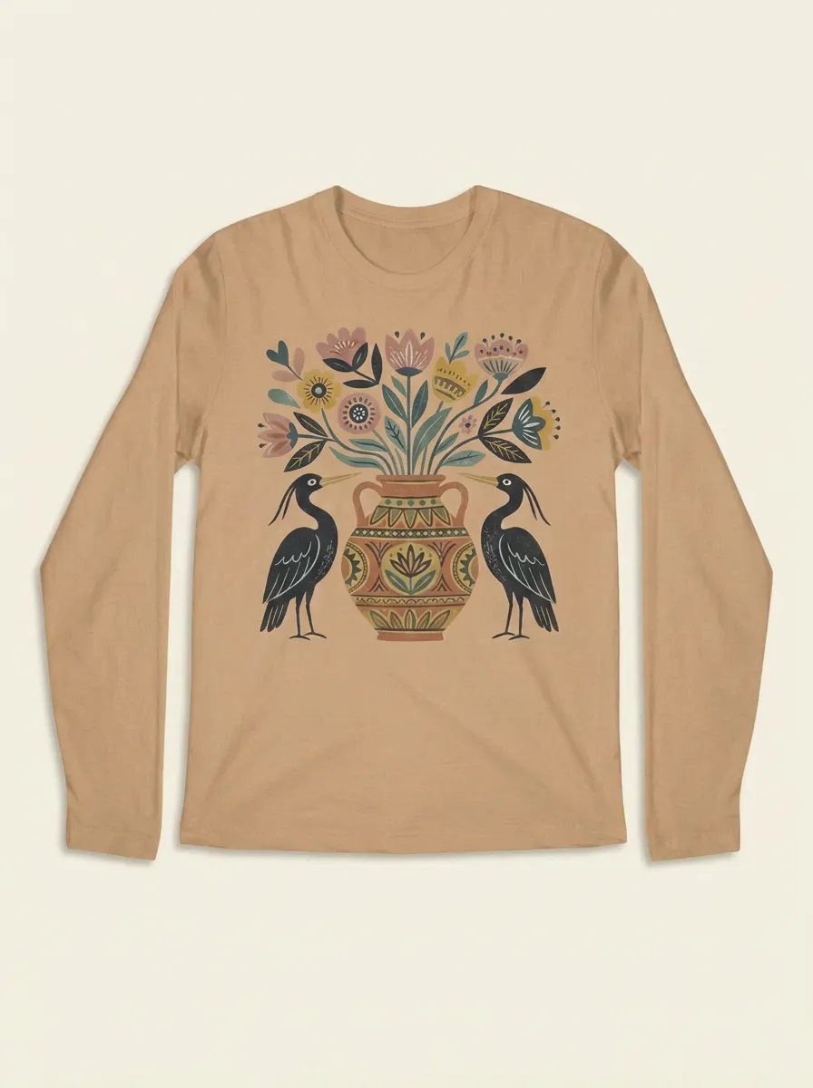 Folk Art Heron And Floral Vase Long Sleeve Shirt