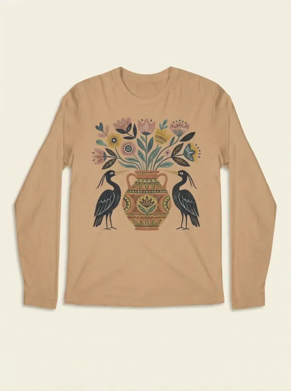 Folk Art Heron And Floral Vase Long Sleeve Shirt