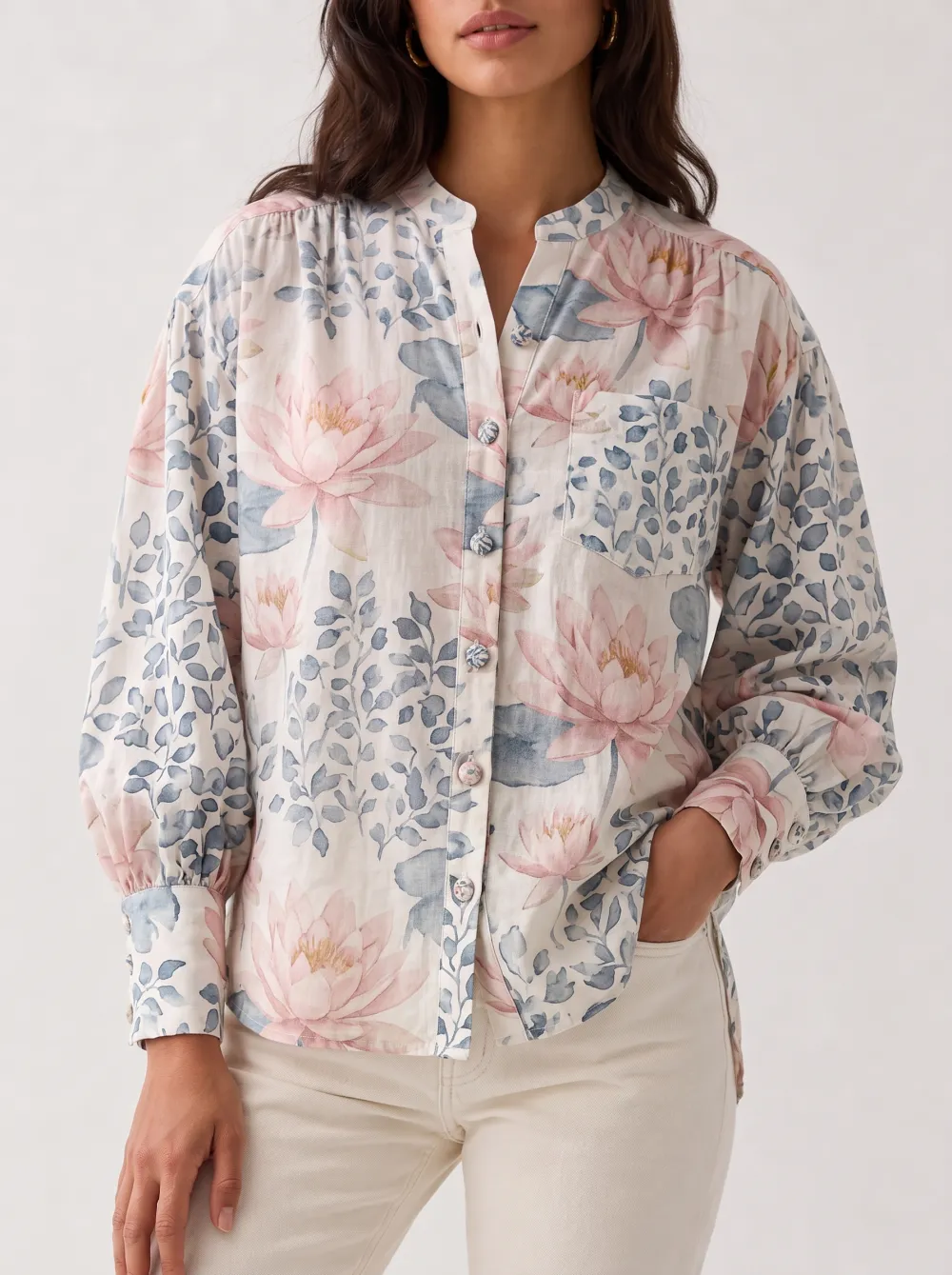 Women's Floral Lotus Botanical Printed Button-Down Shirt