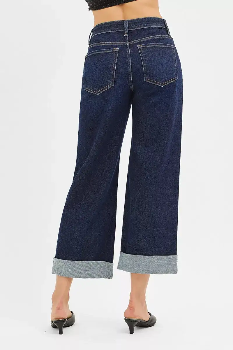Mid Rise Fit Ankle Wide Roll Up Jeans