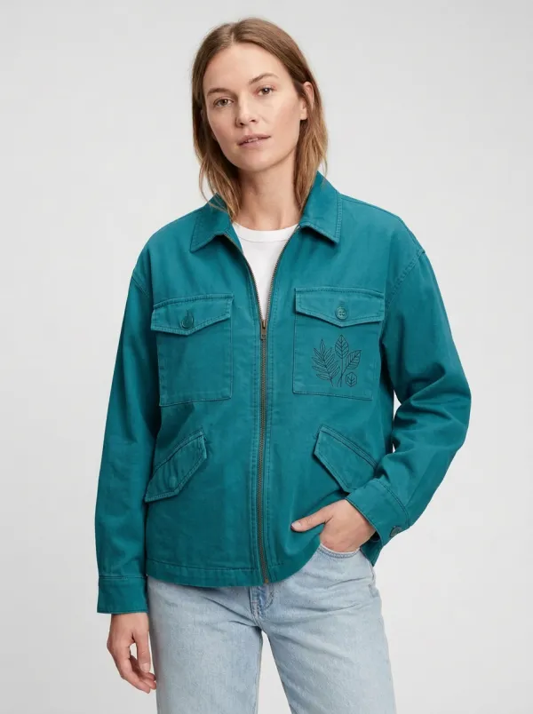 Women's Botanical Leaf Pattern Utility Jacket