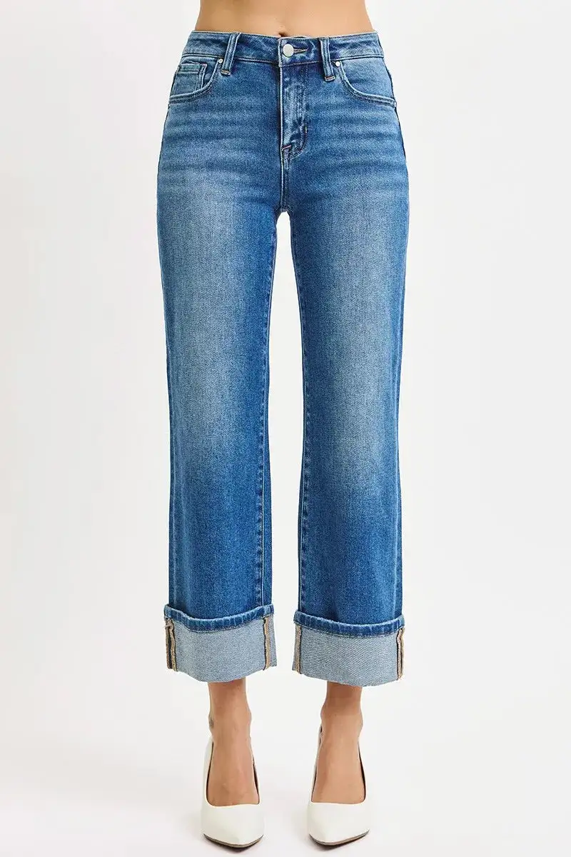 Denim Mid Rise Straight Leg Raw Hem Jeans
