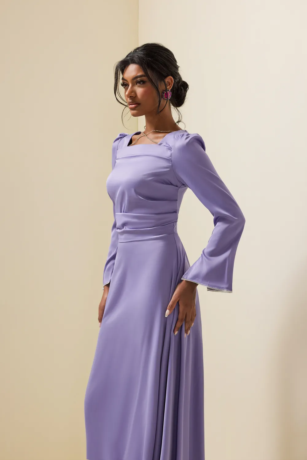 Solid Satin Rhinestone Maxi Dress