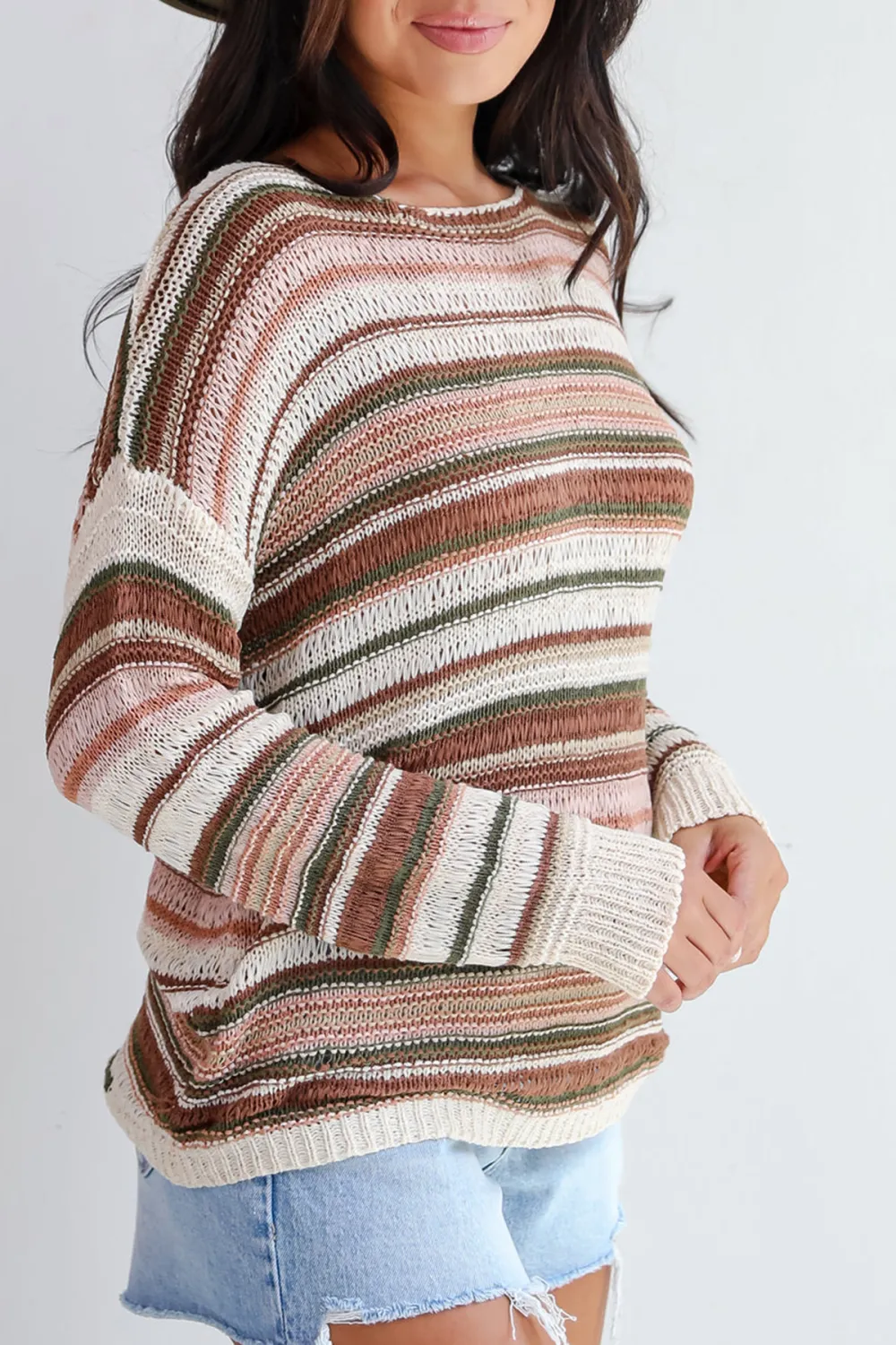 Cream Striped Lightweight Knit Sweater