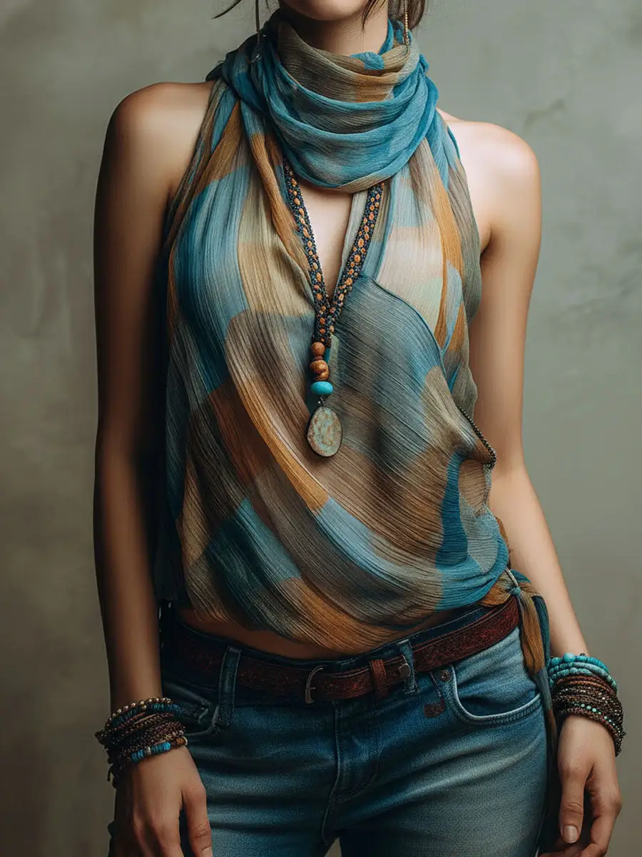 Boho Blue And Amber Chiffon Halter Blouse With Scarf Neck