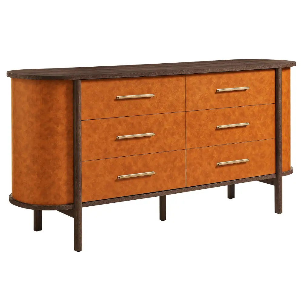 Curved Six Drawer Vegan Leather Oval Dresser