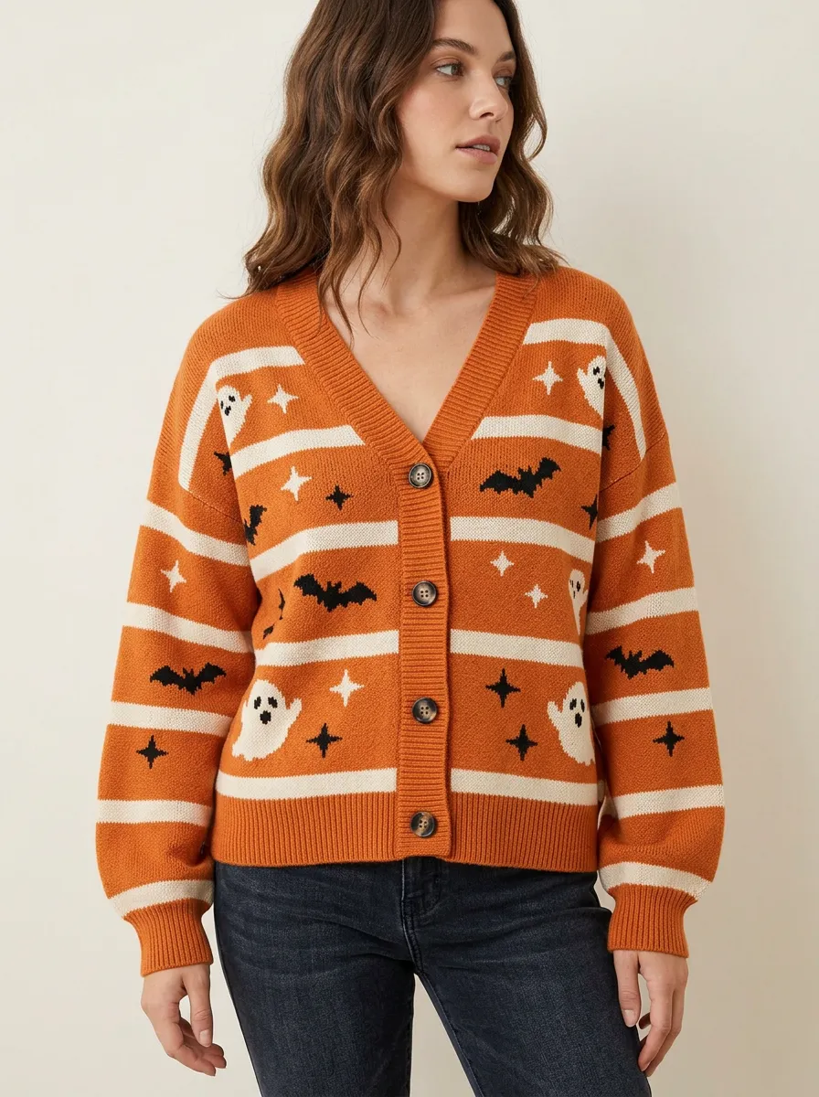 Women's Halloween Ghost Bat Pattern Knitted Cardigan