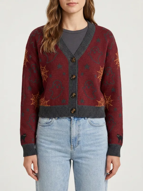 Women's Halloween Ghost Spiderweb Cat Pattern Knitted Cardigan