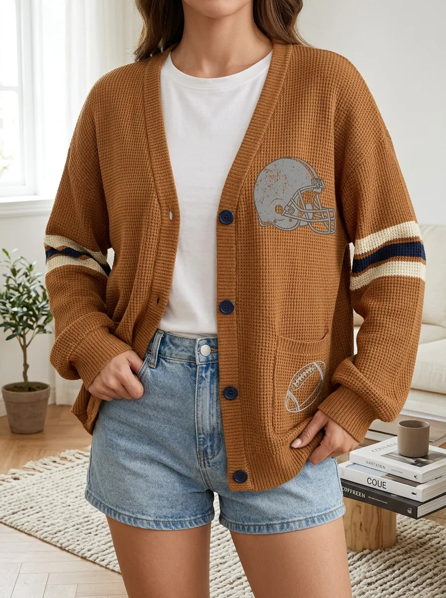 Women's Game Day Football Fan Helmet and Ball Printed Waffle Knit Cardigan