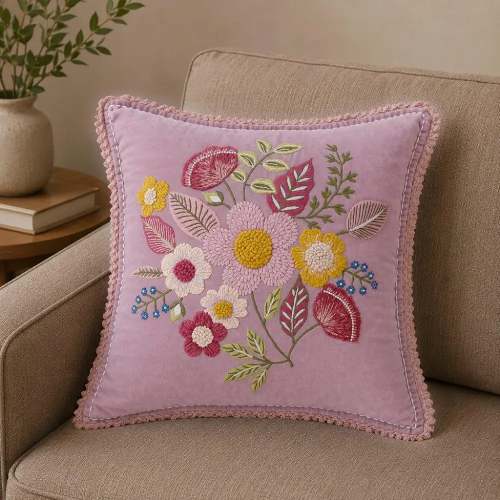 Hand Embroidered Floral Botanical Velvet Decorative Cushion Cover
