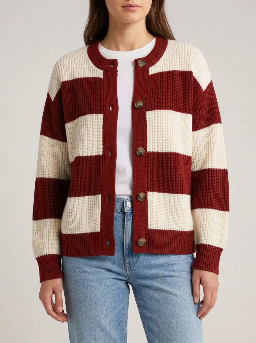 Classic Layering Distinctive Rugby Striped Knit Cardigan